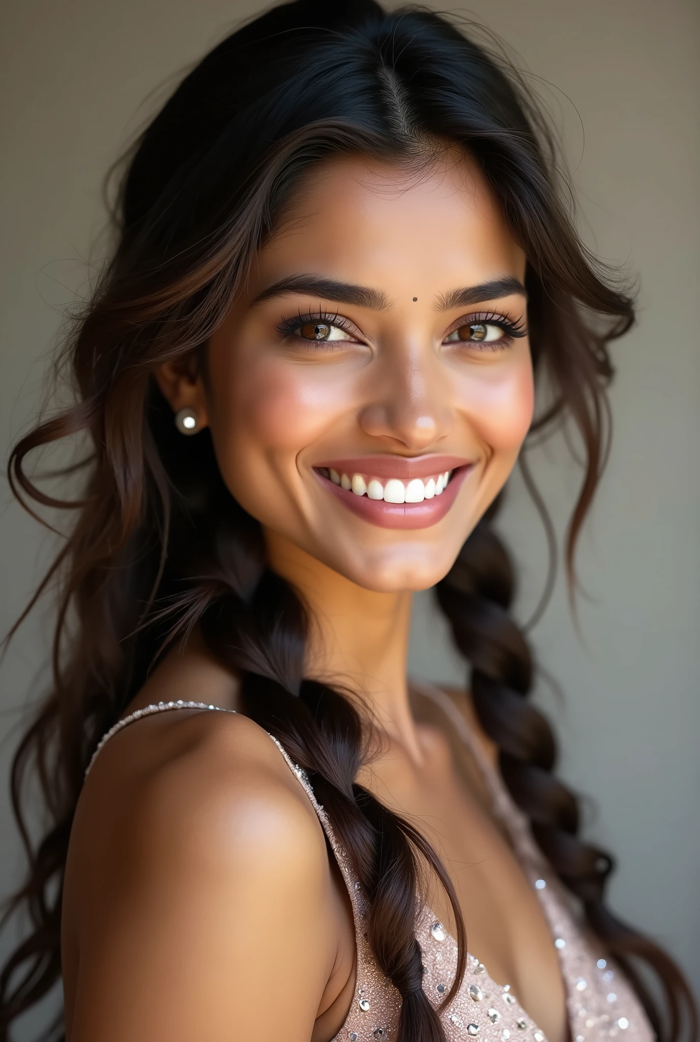 There is a young, Beautiful indian woman, who looks to the future like Katrina Kaif, Smiles into the camera, beautiful teeth, She looks into the camera, a portrait from raw photo, body, conservative modern color dress, ((hair behind braided)), 
