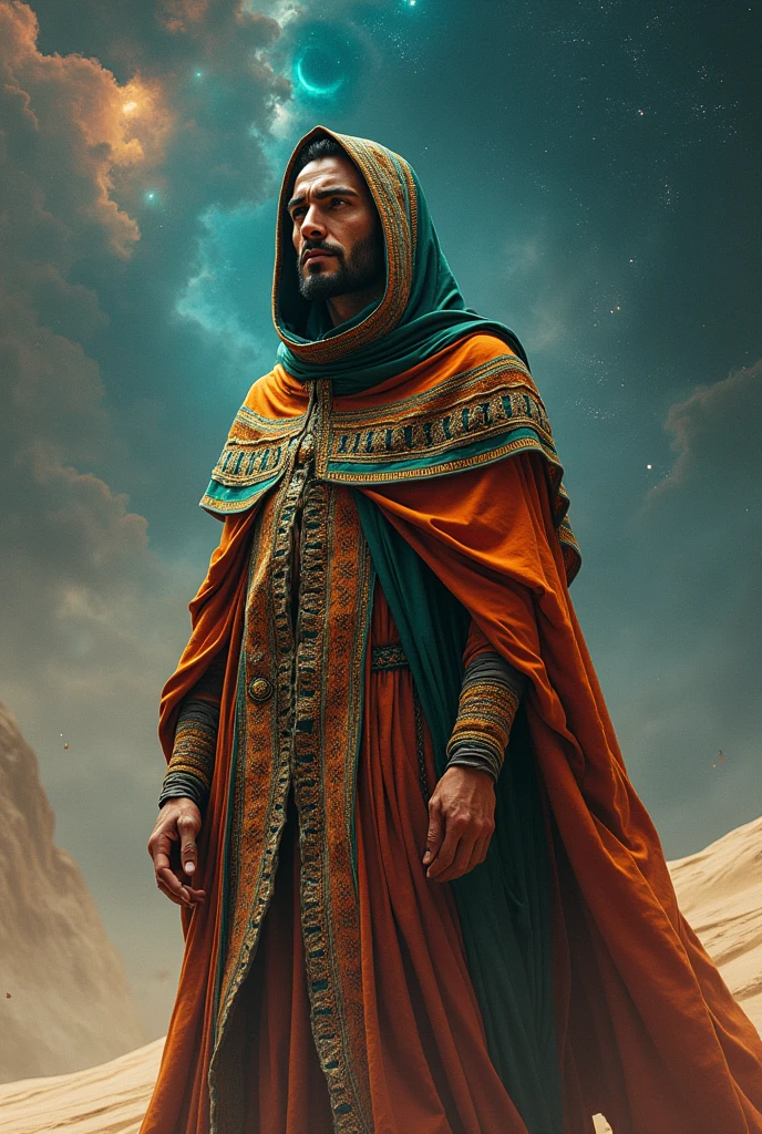 A man from space wearing an Algerian Shawi outfit
