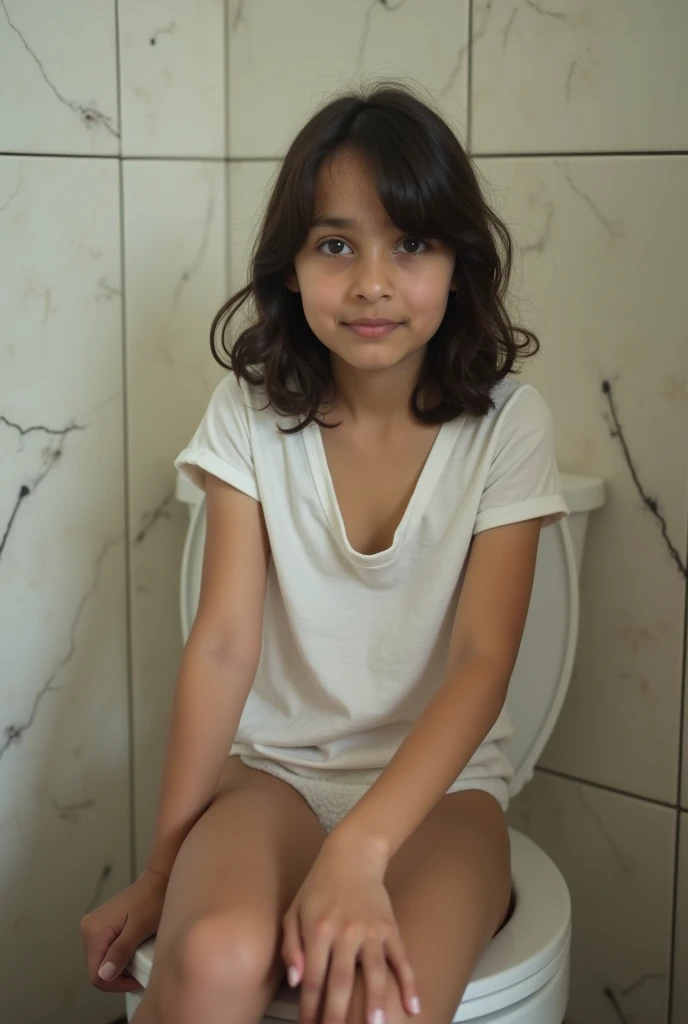 A pakistani girl of 15, sitting on commode, wearing white t shirt,  no underwear, hands place on her knees, in a beautiful washroom
