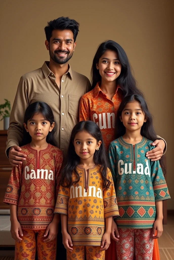 Mother and father are standing with there three daughters and one son one daughter dress printed hirra name on it while second girl prints ujala name on it and third prints anila name on its boy prints salman name on it