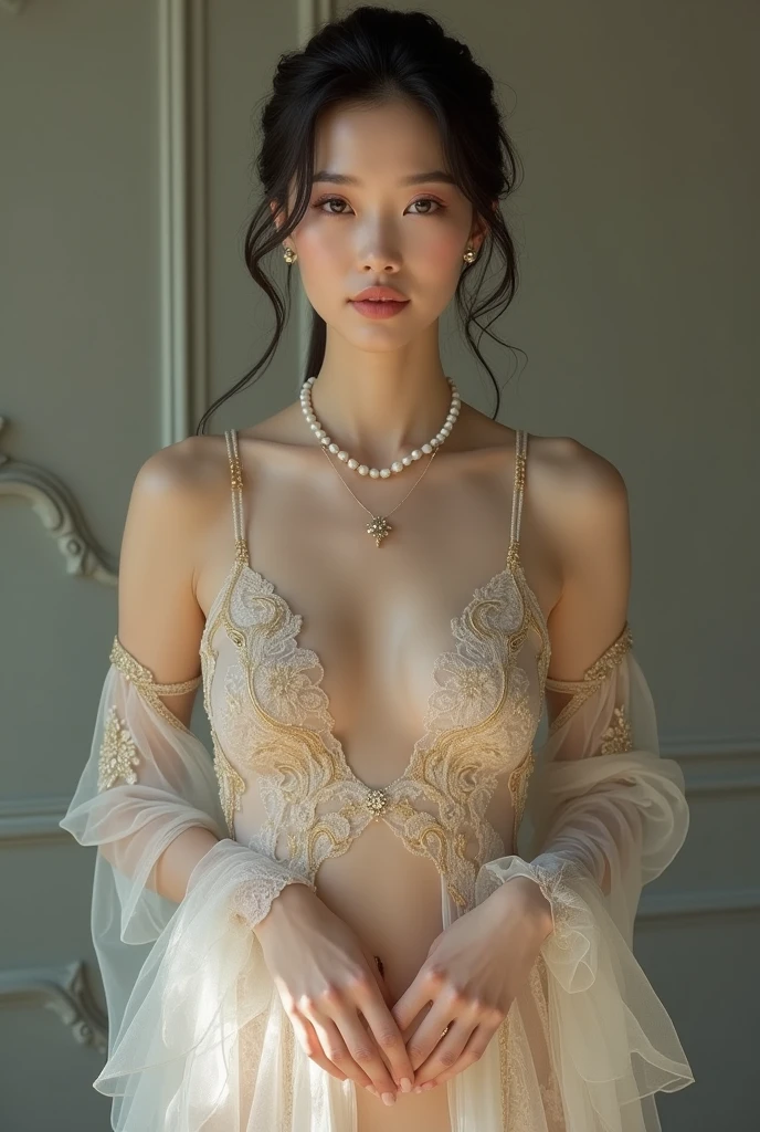An elegant mature young woman stands completely naked。Full body front view、Asian、The skin is relatively white、Luxurious clothing、Silky transparent lace on the clothes、Gold wire trim、Jewelry decoration、A pearl necklace hangs around her neck。