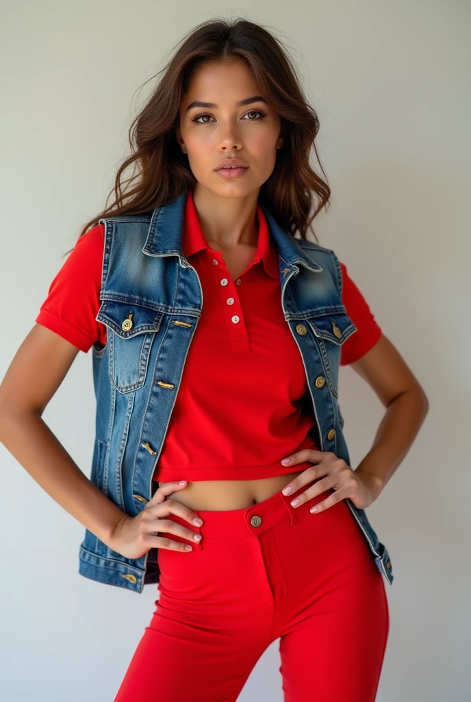 Woman in denim vest and red polo shirt underneath with red leggings 
