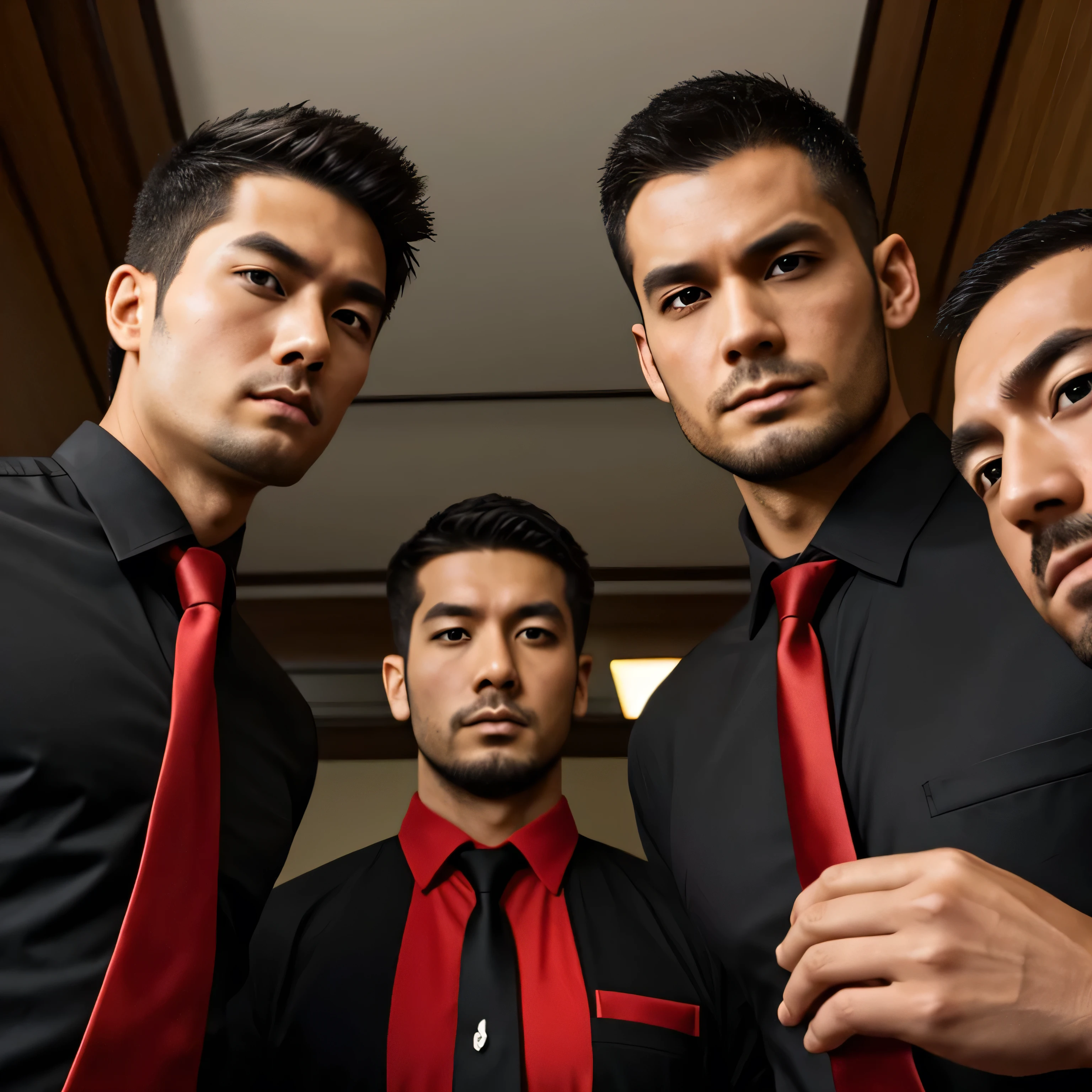 30 years old,Three tall men,、Black Shirt、Red tie、Hot Dojo Menacing look、logic, Gay,Very short hair ,Japanese Face,、 Stubble、 Upper body close-up、Seen from below