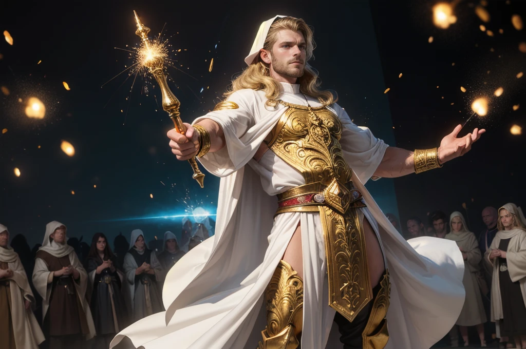 Best Quality, CG Unit, masterpiece, Hyperrealistic image of an extremely handsome and tall 30 year old man., dressed as a holy fantasy cleric in transparent white robes, exposed chest, holding a majestic sacred staff, open arms, ((Golden magic particles)), ((golden locks surround it)), perfection, absurdly elaborate fantasy shoulders, Whole body, fill the frame, Very detailed, intricate details, sharp focus, dynamic lighting, dynamic shadows, (((without watermark)))