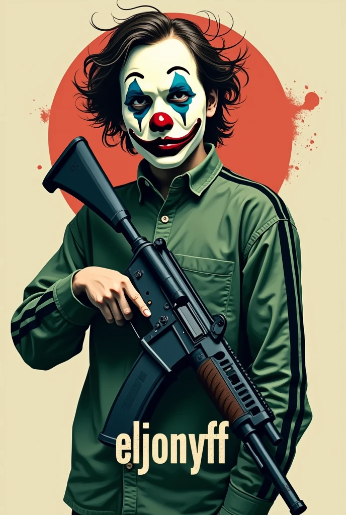 Create me a logo of a teenager with a clown mask wearing a green shirt with black stripes holding a green mp40 and underneath it says ElJONYFF