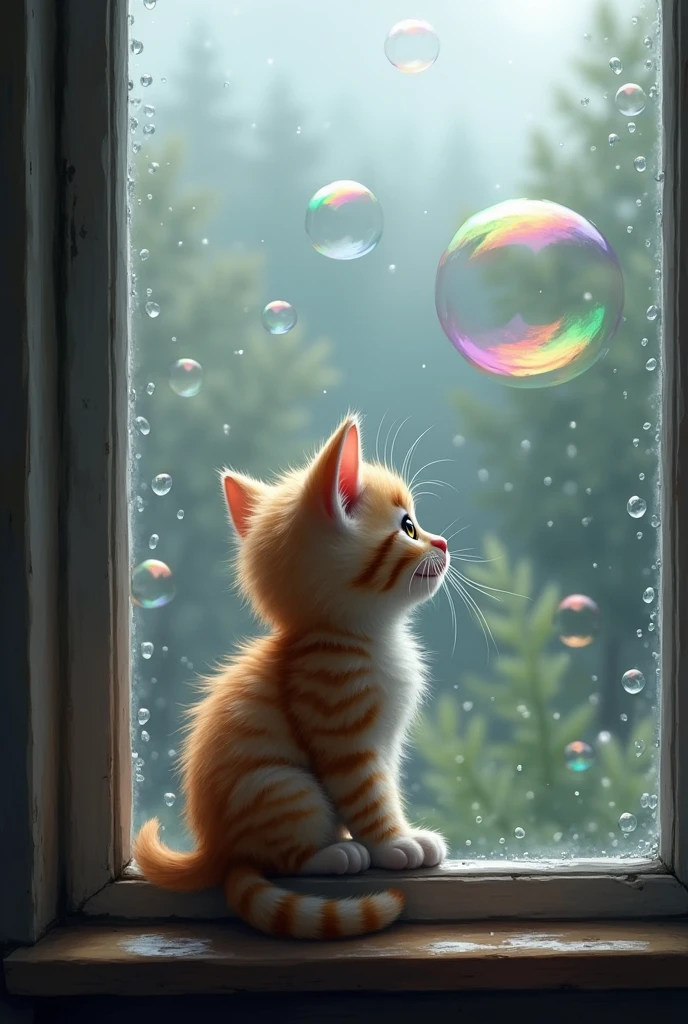 a kitten looking through the window when it's raining outside with rainbow colored bubbles in the background