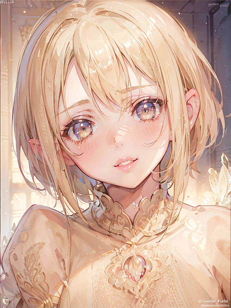 1 girl, beautiful detailed eyes, beautiful detailed lips, extremely detailed face, short hair, blonde hair, elf ears, smiling, blushing, realistic anatomy, masterpiece, photorealistic, ultra-detailed, intricate, studio lighting, cinematic lighting, warm color palette, soft reflection, glowing skin
