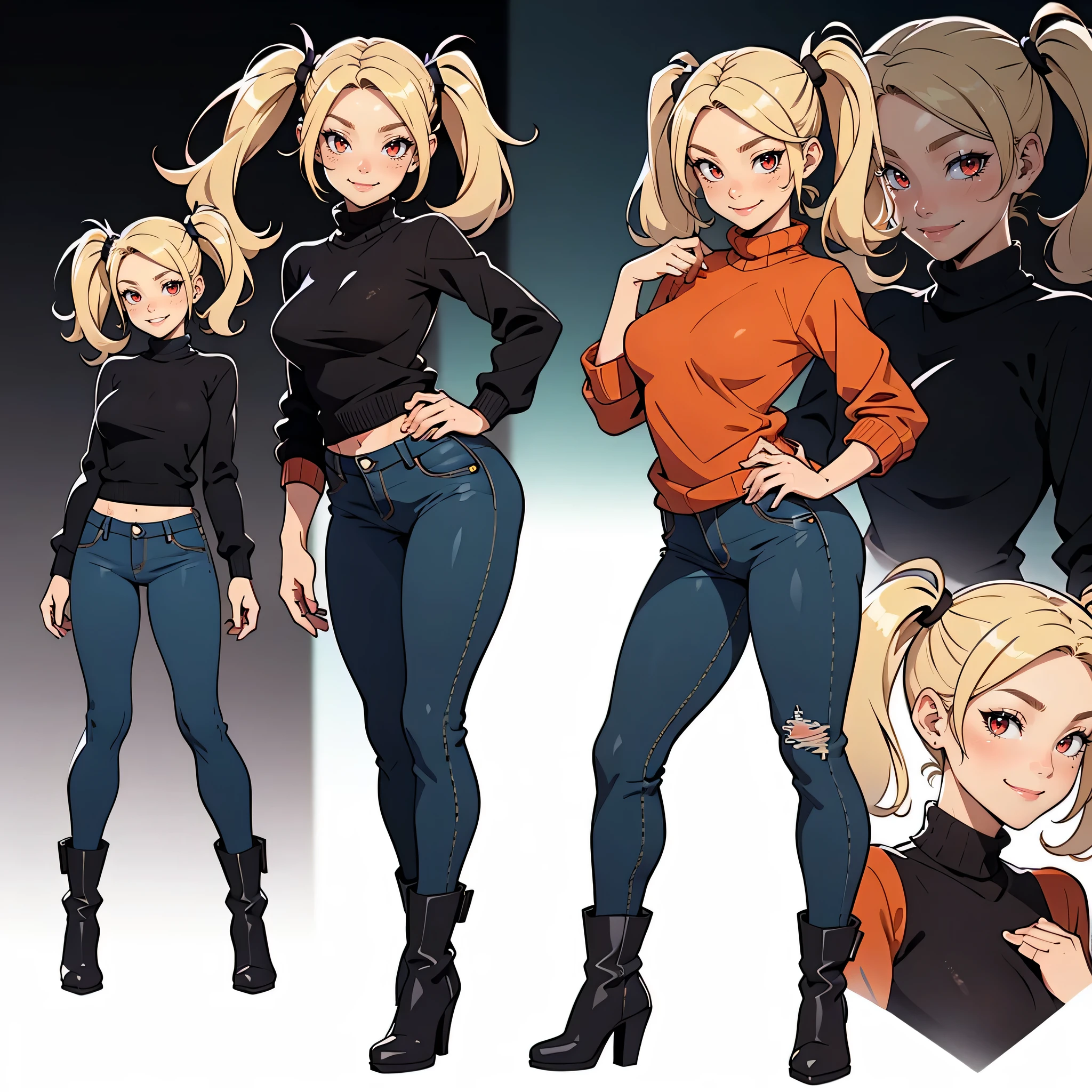 Very detailed, smiling facial expression, small breasts, full body view, blonde hair with twintails, red eyes, looking at viewer, wearing black jumper, denim pants, black boots, cute pose.