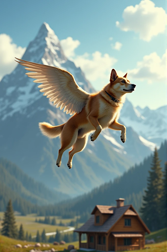 A dog flying in the sky mountain behind and house at daylight with two wings
