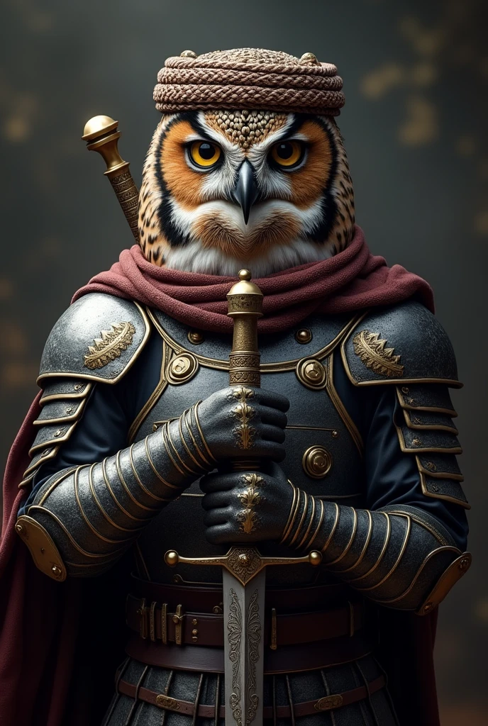 The image shows an owl dressed as an Arab warrior., (((Wearing the turban of an Arab fighter))), ((( And in his hand the Damascus sword))), Facing right with head tilted slightly upwards. He wears detailed armor resembling traditional Arab armor., Complete with intricate designs and patterns.. The shields are primarily black with silver accents., Adding visual depth., His eyes focused on something in the distance.. Sheathed sword on the back of the owl, indicating readiness for battle or a celebratory posture., Create a dramatic and intense atmosphere., Retina, precise, Masterpiece, Superior detail, High detail, Best quality, Award winning, High accuracy, High resolution, 4K, 8 k, 16 kg, Retina, precise, Masterpiece, Anatomically correct, Textured leather, Superior detail, High quality, Award winning, High accuracy, 8 k, 16 kg