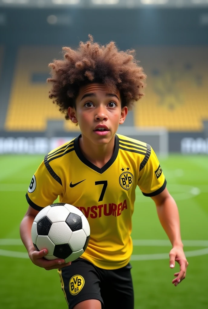 A curly haired Borussia Dortmund football player wearing the number 7 with the name ATA written on the back of the shirt is holding a 3D animation ball.
