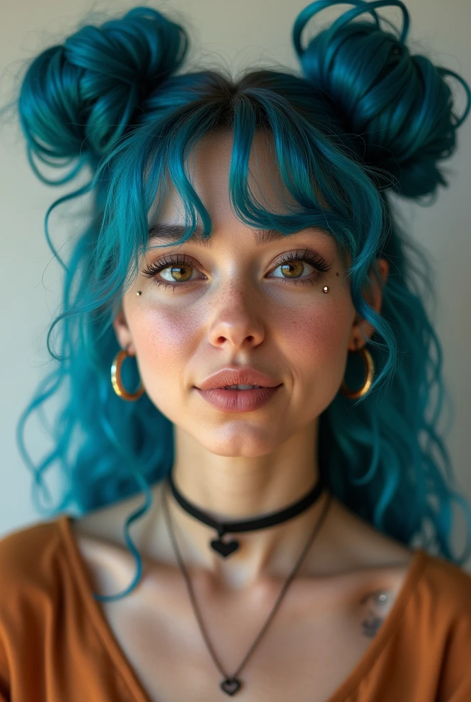 • Hair: Her hair is blue and curly, with two buns positioned on top of her head, leaving the rest of her hair cascading down in loose waves. The vibrant blue color suggests a bold personality, possibly someone who enjoys standing out.
• Skin Tone: Her skin appears to be light with a warm undertone, and she has a natural, youthful complexion.
• Eyes: She has large, expressive eyes with thick, dark eyebrows that frame her face. The eyes are prominent, with a bright and lively appearance, indicating alertness and curiosity.
• Freckles: A scattering of freckles covers her cheeks and nose, giving her a playful and youthful appearance.
• Nose: She has a small, slightly upturned nose.
• Mouth: Her lips are full and slightly parted, with her tongue playfully sticking out, which adds to her quirky and fun-loving demeanor. She has a septum piercing, a ring in the center of her nose.
Accessories:
• Jewelry: She wears a choker necklace with a pendant shaped like a heart. The choker adds a touch of edginess to her look.
• Piercings: Besides the septum piercing, she also has small hoop earrings in her ears.
Clothing:
• Top: She is wearing a loose, casual top that seems comfortable, fitting her relaxed and laid-back style. The color of the top is earthy, possibly a light brown or beige, complementing her vibrant hair and accessories.
Overall Vibe:
• Personality: The overall appearance suggests that she is confident, creative, and not afraid to express herself through her style. The playful expression, vibrant hair color, and choice of accessories hint at someone with a fun and energetic personality who enjoys being unique.