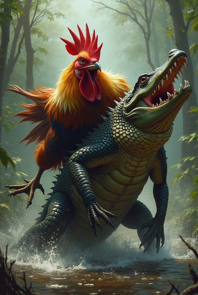 Angry rooster destroying alligator