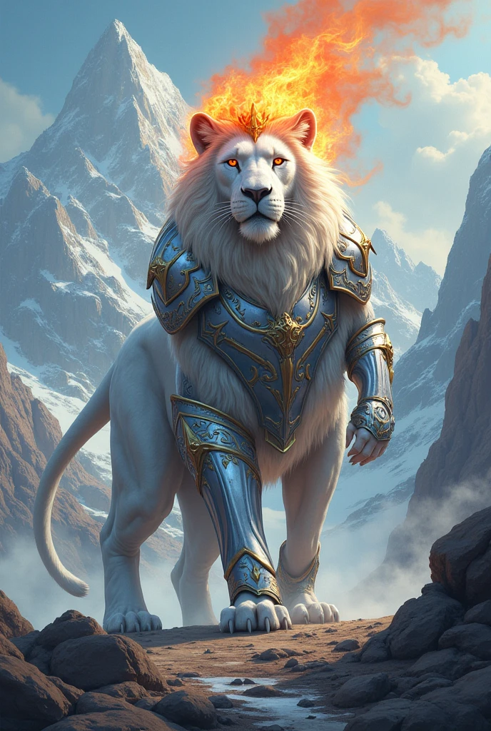 A majestic white lion, wearing full armor from head to tail, wearing a crown made of fire, the lion emits an aura, set in a mountain range, vector, Having terrifying red eyes, anyone who sees them will surely die.