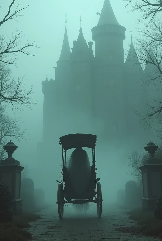 Ghostly Rickshaw Driver and Passenger with Haunted Mansion in the Background, Foggy Atmosphere"