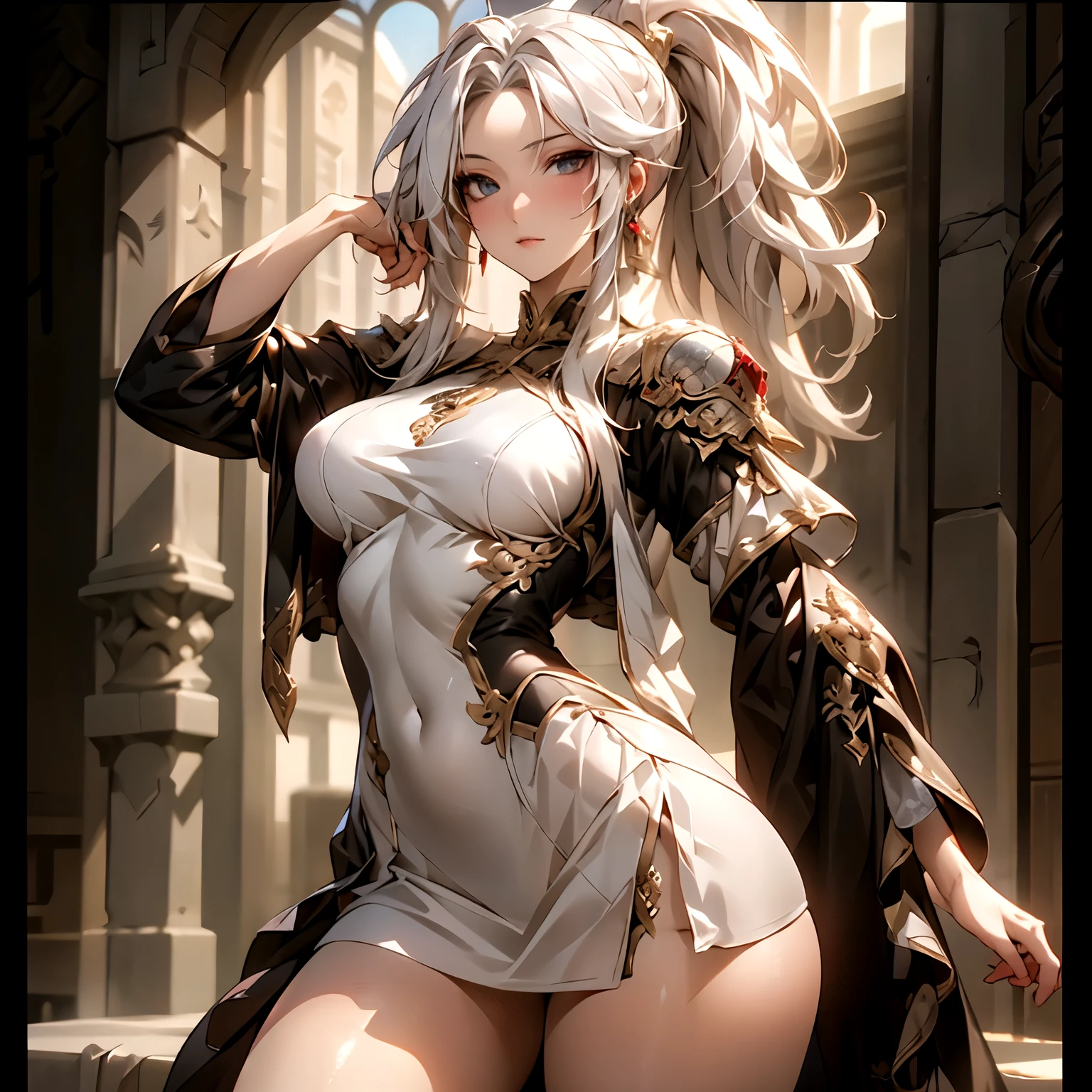(best quality)), ((Masterpiece)), (details:1.4), 3d, HDR (high dynamic range), an image of a beautiful cyberpunk female, fantasy, medieval, cyberpunk, Sleek style, red hair, High ponytail, hips up, Beautiful White eyes, จมูกโด่ง, ปากแดง, หน้าอกใหญ่, nvidia RTX, PBR surface, After processing, Anisotropic filtration,depth of field, Maximum clarity and clarity, multi-layered surface, Subsurface scattering, perfect proportions, 8K raw files, ultra detailed, Perfect proportions, volumetric lighting, soft lighting, Holy Paldin, Heavy Golden Armor, black dress, intricate Silver embroidery, glossy skin, Castle Background, jewely, ต่างหู, mini white skirt, blackglove,