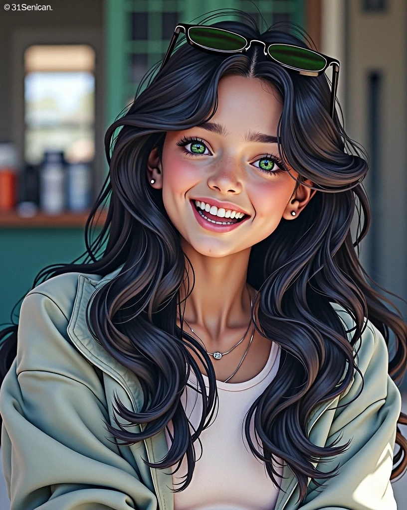 A realistic image portrait of a tan girl with black hair and bright forest green eyes laughing with shades on her head