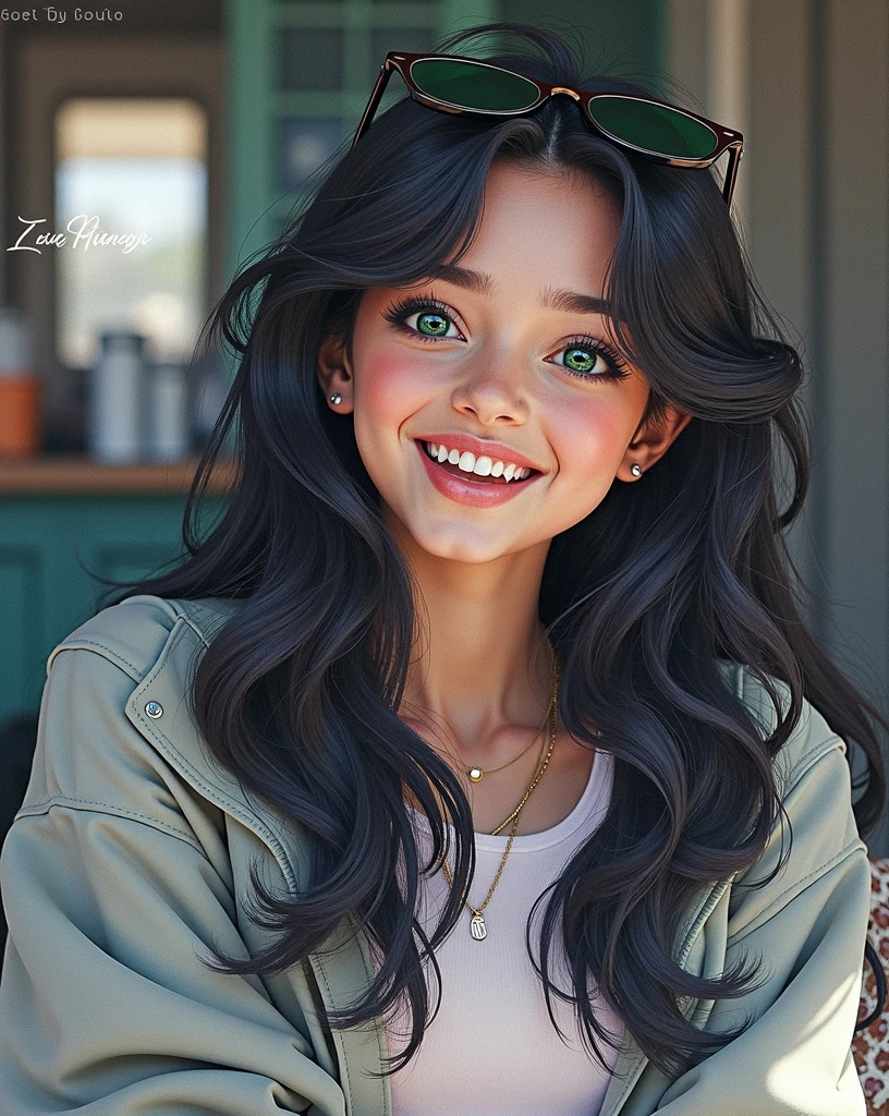 A realistic image portrait of a tan girl with black hair and bright forest green eyes laughing with shades on her head