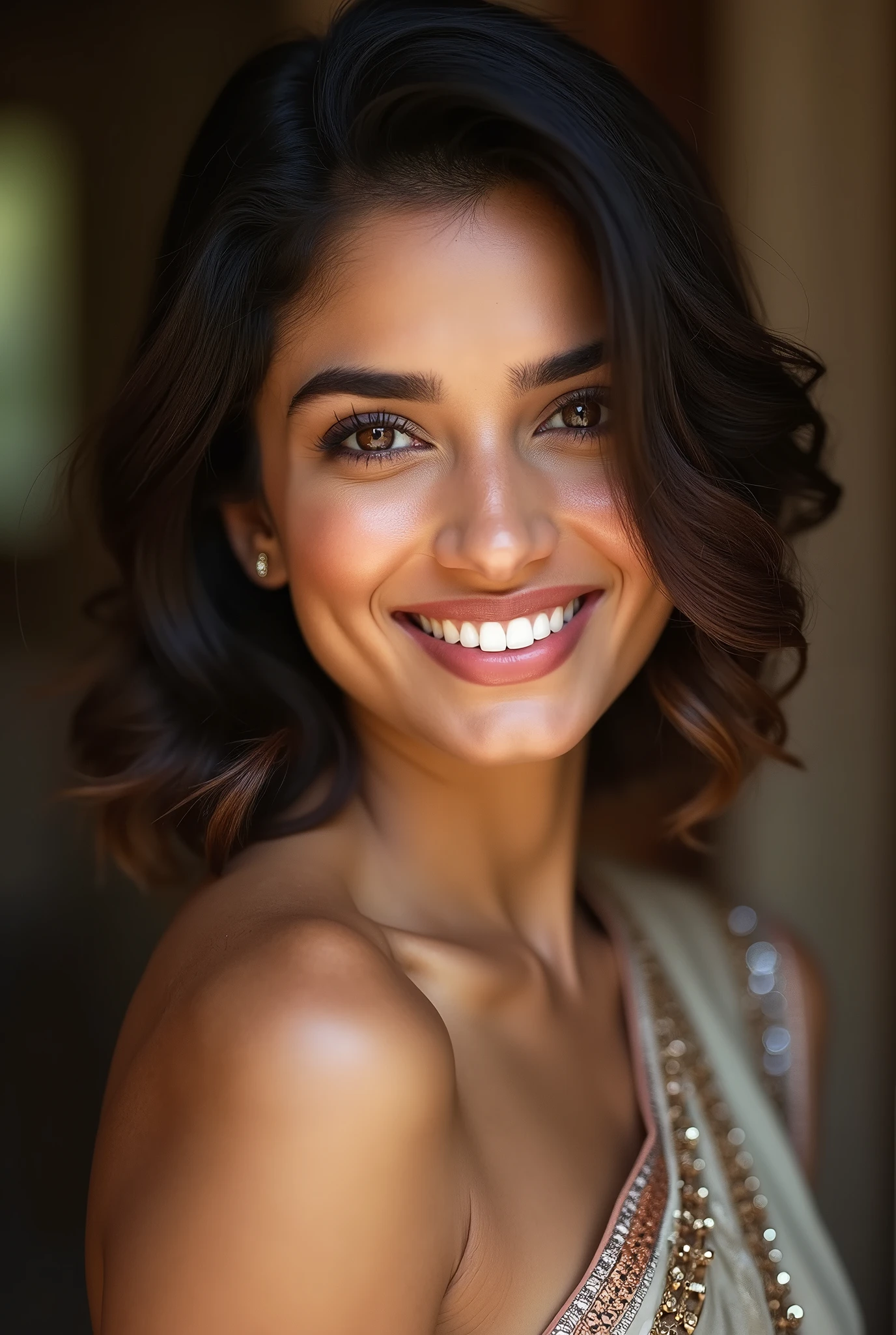 There is a young, Beautiful indian woman, who looks to the future like Katrina Kaif, Smiles into the camera, beautiful teeth, She looks into the camera, a portrait from raw photo, body, conservative modern color dress, ((hair Bob Cut)),