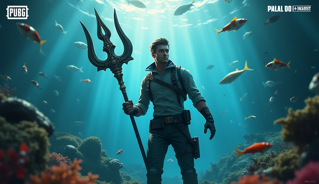 I want pubg live stream thumbnail about see and fishes and trident in hand of pubg character