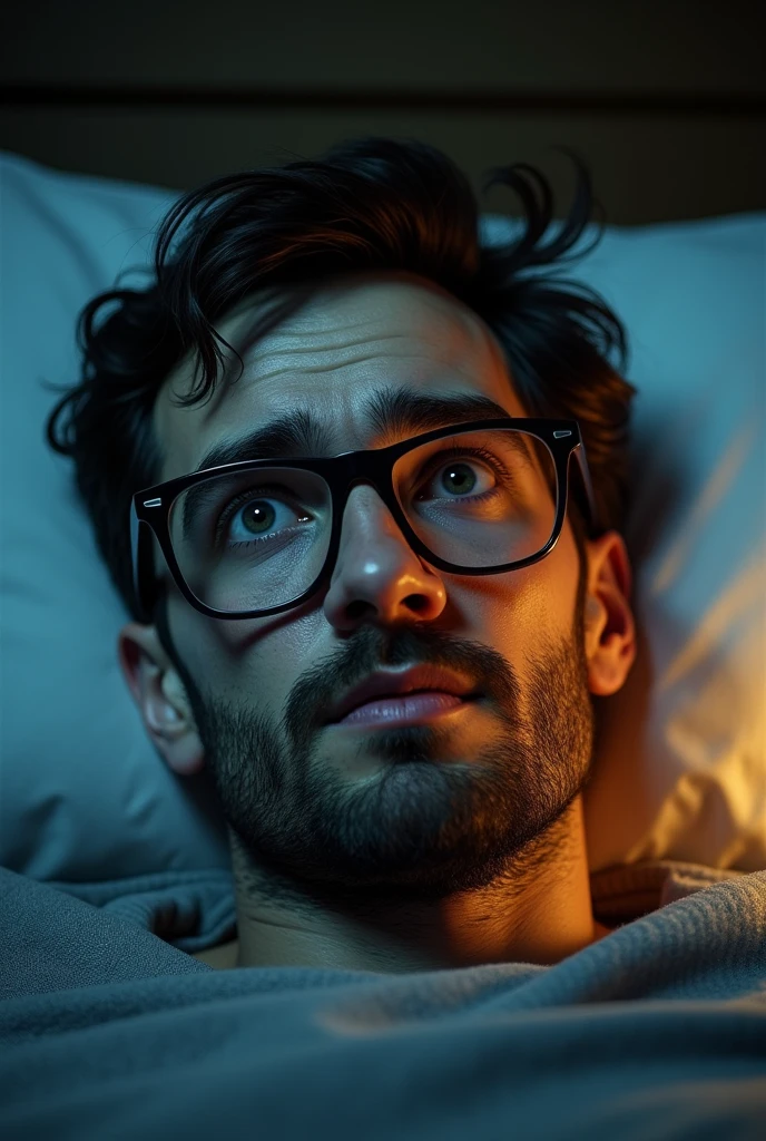 a man with glasses who just woke up in the morning 
from an apartment sweating and panting
