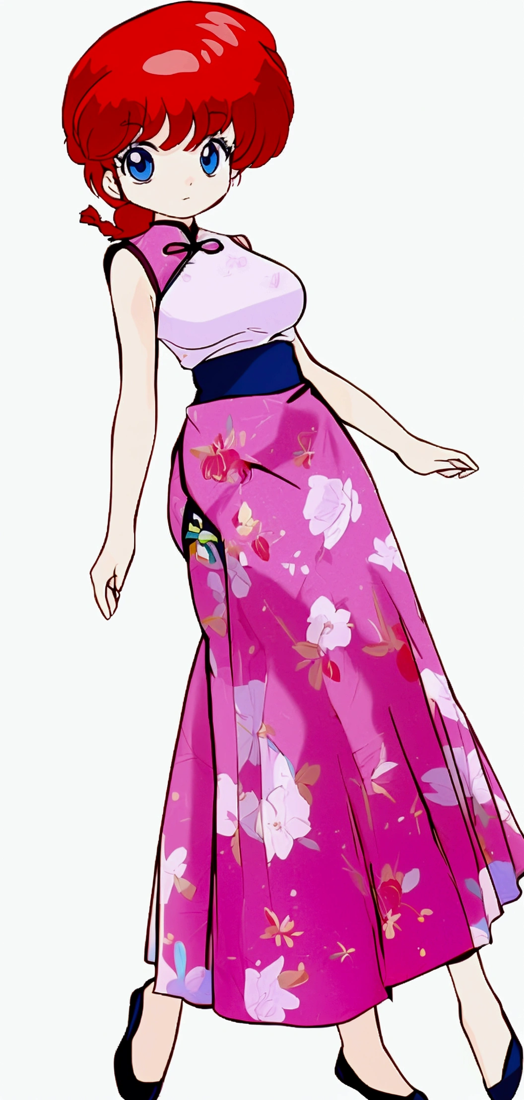 Create Female Ranma, make a girl,Clear contours, Color full-body photo, (beautiful and delicate eyes), (Nice face:1.3), childish face, Short red hair，Configure single ponytail, (Bangs), bumpy Bangs, blue gray eyes, big eyes，plump breasts，(Chinese Hanfu:Horse-faced long skirt),top: fitted sleeveless shirt,bottom purple dress(actual:1.2),(Floral),   (actual上下身衣服是:3.7 scale)，Face the camera head-on，Bend one foot slightly against the calf of the other leg。