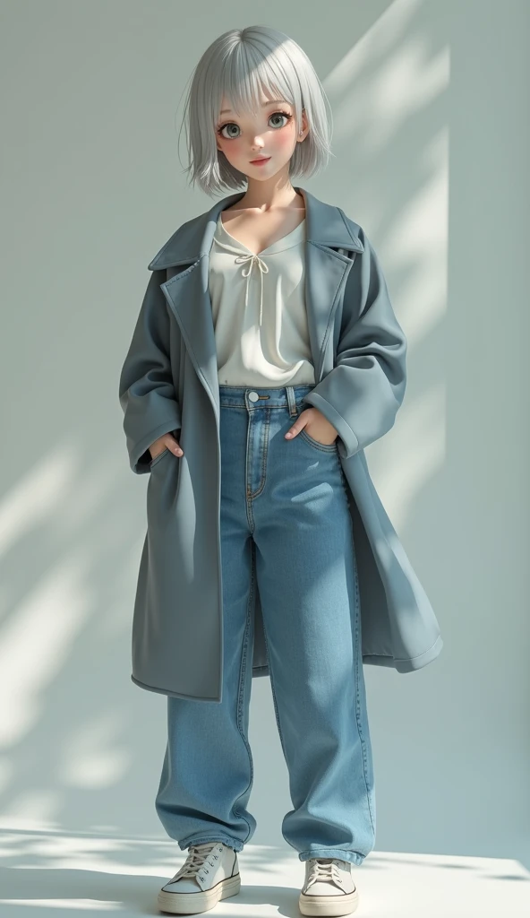(8k, Photorealistic: 1.4, RAW Photos, Highest quality: 1.4, detailed),A Japanese idol-like beautiful girl,1 person,1,(Short Bob),(Silver Hair),She has her hair tucked behind her ears,Large, clear gray eyes,Long eyelashes,(piercings(small)),(Lip gloss),lips(Plump,glossy),thin long neck,Thin and delicate shoulders,blouse,coat(Mid length(thigh))Layered,Buggy jeans,Sneakers,(She is basking in the gentle autumn sunshine),(Autumn leaves background: 1.4),Smiling sweetly and looking at the camera,Front view,Full body shot portrait