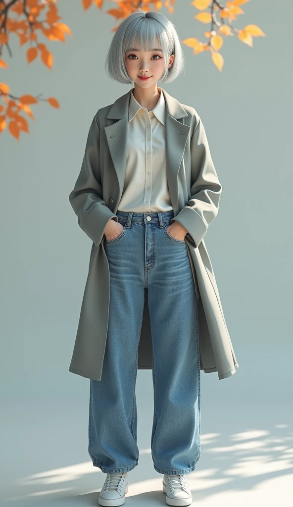 (8k, Photorealistic: 1.4, RAW Photos, Highest quality: 1.4, detailed),A Japanese idol-like beautiful girl,1 person,1,(Short Bob),(Silver Hair),She has her hair tucked behind her ears,Large, clear gray eyes,Long eyelashes,(piercings(small)),(Lip gloss),lips(Plump,glossy),thin long neck,Thin and delicate shoulders,blouse,coat(Mid length(thigh))Layered,Buggy jeans,Sneakers,(She is basking in the gentle autumn sunshine),(Autumn leaves background: 1.4),Smiling sweetly and looking at the camera,Front view,Full body shot portrait