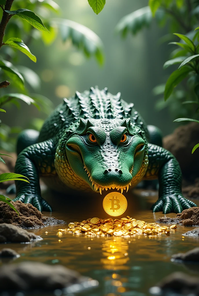 The Crocodile Finds the Gold Coin:
Scene: A lush, green jungle with a large, serene pond in the center. The crocodile, a large, green reptile with sparkling eyes, is seen finding a shiny gold coin in the mud at the bottom of the pond.
Details: The crocodile should look excited and curious. The coin should be gleaming and stand out amidst the murky water.