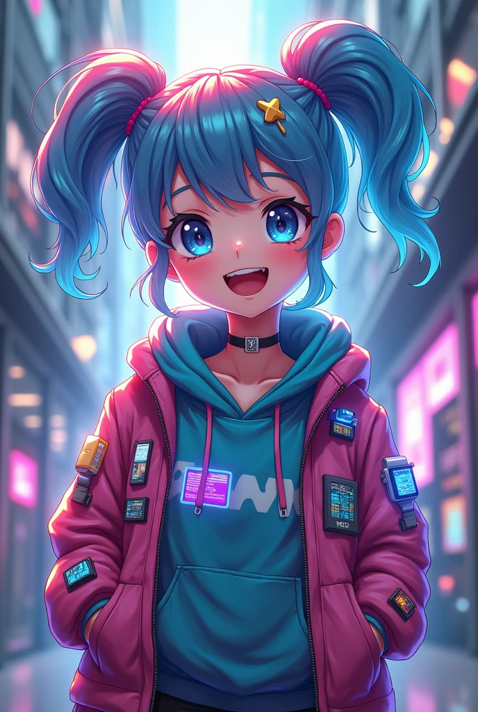 Make a girl Anime mascot with an electronic jewelry on her clothes, for an electronics club 