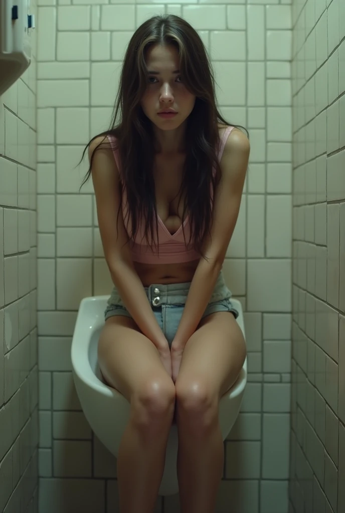 (A girl is urgently peeing on a urinal in the men’s restroom) (Realistic) ) sitting on on a urinal peeing, pants and underwear pulled down under legs