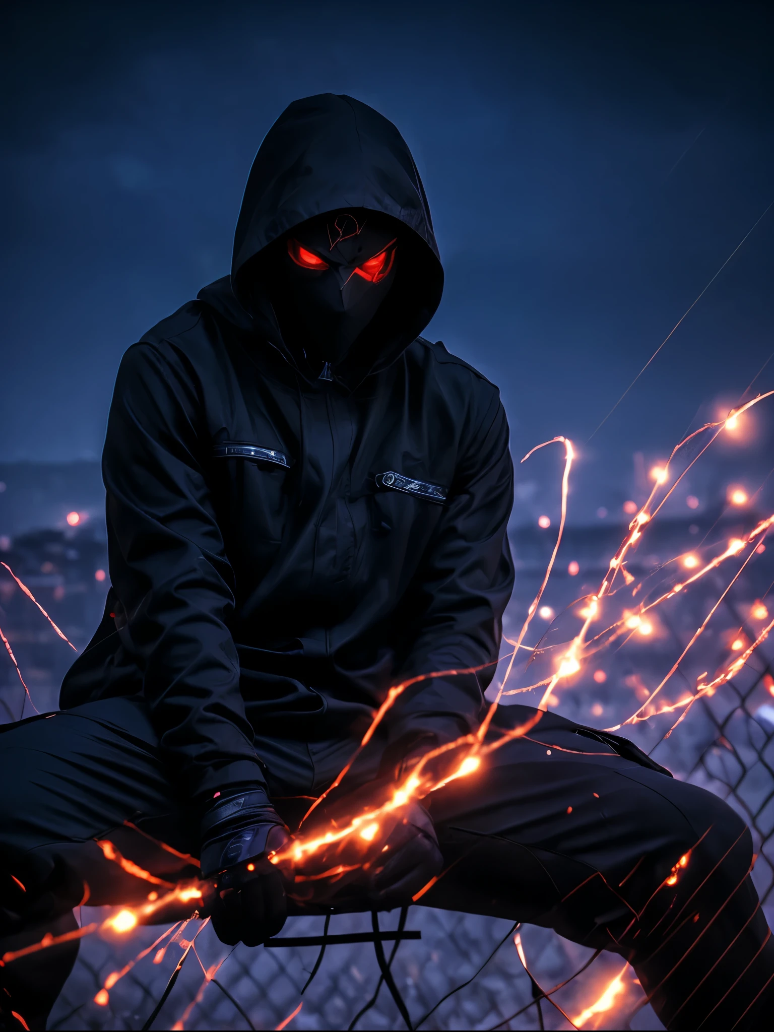 A shadowy character wearing a dark hooded jacket and a face covered by a glowing mask with a terrifying pattern of red eyes and a sinister smile in the form of glowing white stitching.. He is sitting in a relaxed manner in front of a metal fence, with a carefree but intimidating posture. The background is dark with a blue night sky, and the lighting dramatically highlights the shine of his eyes and mouth, while little red sparks float in the air, adding a tense and urban atmosphere. The style is dark and aggressive, with a cyberpunk and vigilante aesthetic, conveying a sense of latent danger.