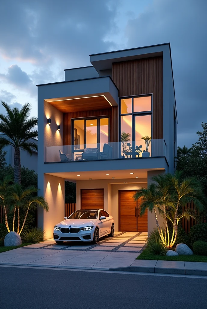 A modern two-story house with a modern and elegant design. The facade is composed of straight lines and geometric volumes, using a neutral and earthy color palette, like gray, beige and brown. The upper floor features large glass windows, framed by vertical wooden elements that provide a touch of sophistication and naturalness. There is a balcony on the upper floor, with green plants adding a touch of nature and life to the design. Lower Floor Elements: On the lower floor, the house has a spacious open garage on the right, with a modern car parked. Next to the garage, there is a large wooden entrance door, located under a roof that integrates the entrance and the garage. Recessed lighting in the garage roof and upper balcony highlights the textures of the materials and creates a warm and sophisticated atmosphere at night.. landscaping: The garden in front of the house is carefully planned, with tropical plants, like palm trees and green bushes, that line the driveway and around the house. Decorative stones and green grass add a touch of freshness to the outdoor environment. Scenario: The house is located in a quiet residential area, with a paved street in front. The sky in the background is dusk, with a deep blue mixed with the soft glow of the sunset, creating a beautiful and dramatic contrast with the artificial lighting in the house.