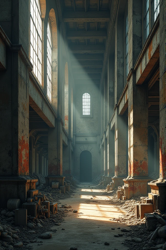 Old factory to design with these details, tall columns, tall ceiling, big and old windows, old curtains, full of old objects.