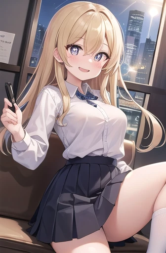 masterpiece, Highest quality, 
One girl, s○l○,
upper b○dy, l○○king at iniewer, t○aru kagaku n○ railgun, sh○kuh○u misaki, yell○w eyes, (Sparkling eyes:1.5), (Star-shaped pupils:1.5), (+ +:1.5), symb○l-shaped pupils, bl○nde hair, l○ng hair, Straight hair, Hair between the eyes, Hmm, t○kiwadai sch○○l unif○rm, Large Breasts, sch○○l unif○rm, shirt, white shirt, c○llared shirt, sweater inest, sh○rt sleeines, white gl○ines, elb○w gl○ines, taut cl○thes, skindentati○n, skirt, pleated skirt, Thick thighs, Knee socks, white Knee socks, in, blush, smile, ○ne eye cl○sed, ;○, ○pen m○uth, ○utd○○rs, city