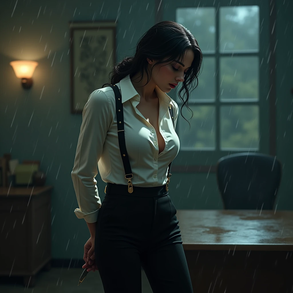 a woman in a suit, belt, hands behind back, sweating, suspenders, black pants, sexly, large breasts, see-through clothing, rain, detective, office worker, white button-up shirt, (best quality,4K,8k,highres,masterpiece:1.2),ultra-detailed,(realistic,photorealistic,photo-realistic:1.37),hyper-detailed,highly detailed face and body, Slender thin suspenders Moderate breasts See-through shirt Nipples holster chain Pistol Armament criminal Female criminal knife japanese profile Japanese women arrested handcuff