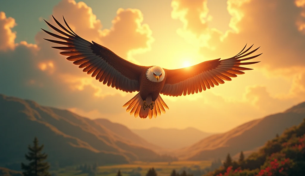 (photorealism:1.2), Inspirational digital art depicting the essence of Isaiah 40:31, featuring a majestic eagle soaring high above a serene landscape, vibrant colors, uplifting atmosphere, detailed clouds, and golden sunlight, hyperrealistic style with smooth textures, cinematic composition, masterpiece art reminiscent of classical painters