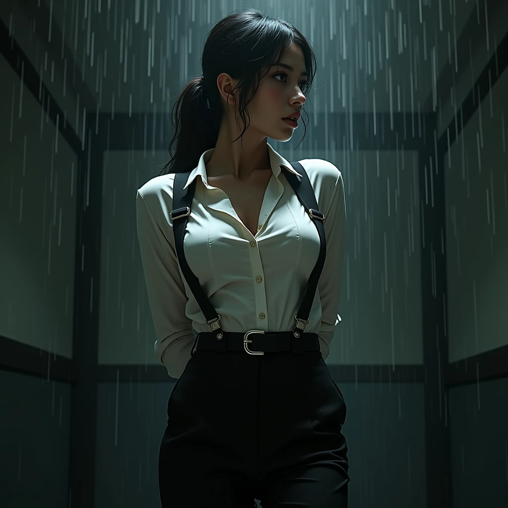a woman in a suit, belt, hands behind back, sweating, suspenders, black pants, sexly, large breasts, see-through clothing, rain, detective, office worker, white button-up shirt, (best quality,4K,8k,highres,masterpiece:1.2),ultra-detailed,(realistic,photorealistic,photo-realistic:1.37),hyper-detailed,highly detailed face and body, Slender　thin　suspenders　Moderate breasts　See-through shirt　Nipples　holster　chain　Pistol　Armament　criminal　Female criminal　knife　japanese　profile　Japanese women　arrested handcuff
