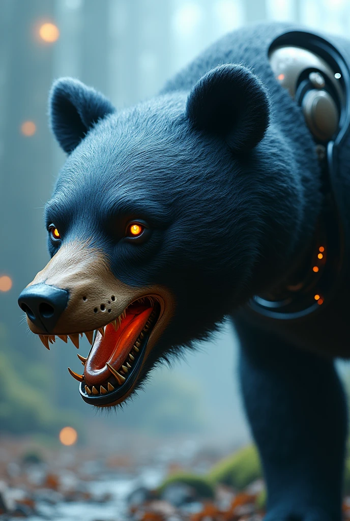 A separated head of a bear.the bear is black and blue.he has long robotic teeth.the bear was a artificial robot
