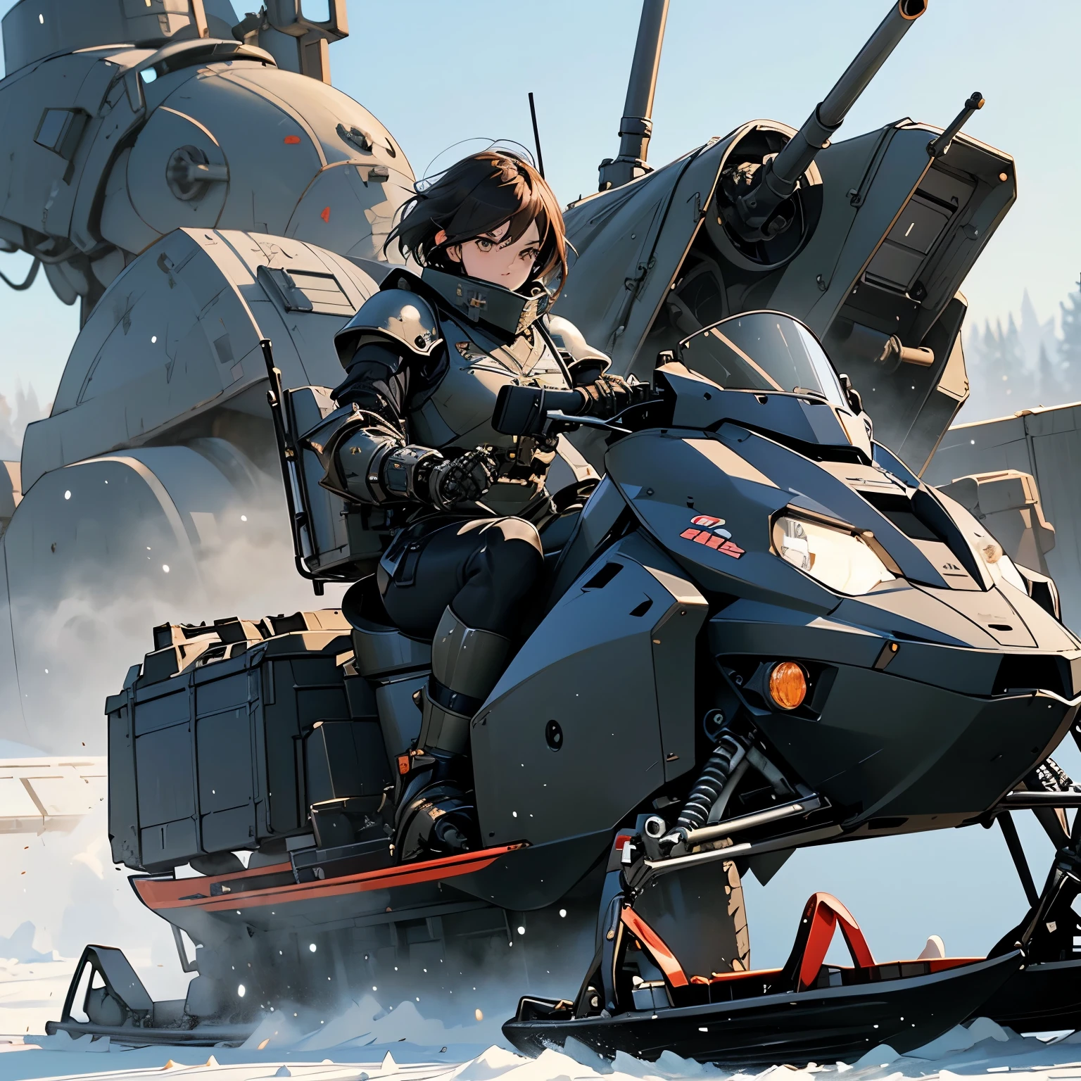 nsfw, anime screencap, 16K, perfect anatomy proportion body, perfect hands, action, A dynamic composition with a sense of speed and movement, (open cockpit, Ride a heavily armored steam-powered military snowmobile:1.6), a wife, 40age, perfect beautiful delicate sexy face, perfect beautiful delicate slanted eyes, red hair, swept bangs pixie cut, medium breasts, abs, Camouflage-colored heavy armored steam engine full armor powered suit, Many heavily armored robot soldiers are engaged in a firefight in the background., Flying bullets, Snowy Battlefield, war, Post-apocalyptic,