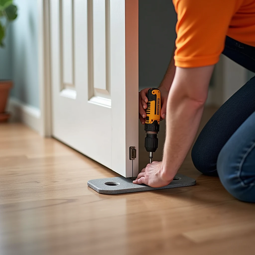 A realistic and professional scene depicting the installation of a door stopper into a laminate floor. The setting is a modern, well-lit home interior with a focus on the precise work being done. A skilled worker, dressed in professional work attire, is carefully installing the door stopper at the base of a door. The worker is using appropriate tools, such as a drill or screwdriver, to securely attach the stopper to the laminate flooring. Close-up details show the worker's hands and the tools in use, emphasizing precision and craftsmanship. The background includes the door and surrounding floor area, which is clean and well-maintained, highlighting the quality of both the installation and the laminate flooring.