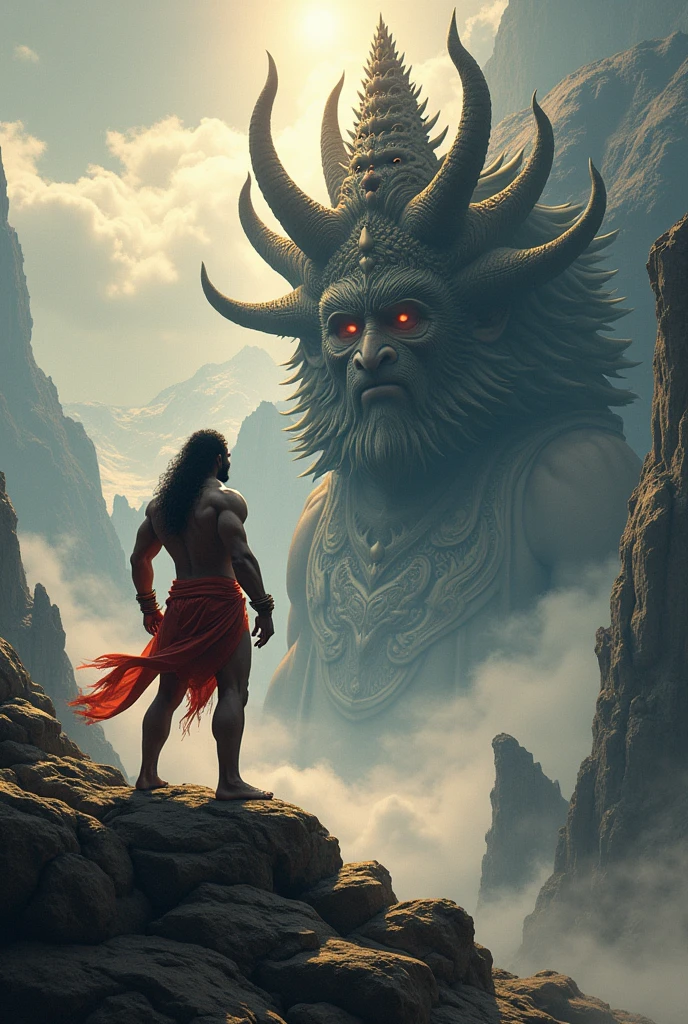 Hanuman in front of Ten heads Ravan on mountain