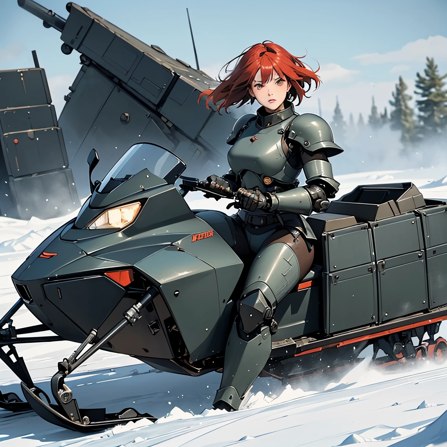 nsfw, anime screencap, 16K, perfect anatomy proportion body, perfect hands, action, A dynamic composition with a sense of speed and movement, (open cockpit, Ride a heavily armored steam-powered military snowmobile:1.6), a wife, 40age, perfect beautiful delicate sexy face, perfect beautiful delicate slanted eyes, red hair, swept bangs pixie cut, medium breasts, abs, Camouflage-colored heavy armored steam engine full armor powered suit, Many heavily armored robot soldiers are engaged in a firefight in the background., Flying bullets, Snowy Battlefield, war, Post-apocalyptic,