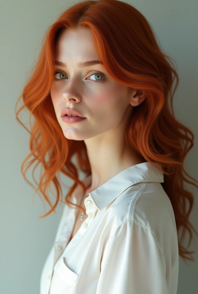 Redheaded woman in a white shirt