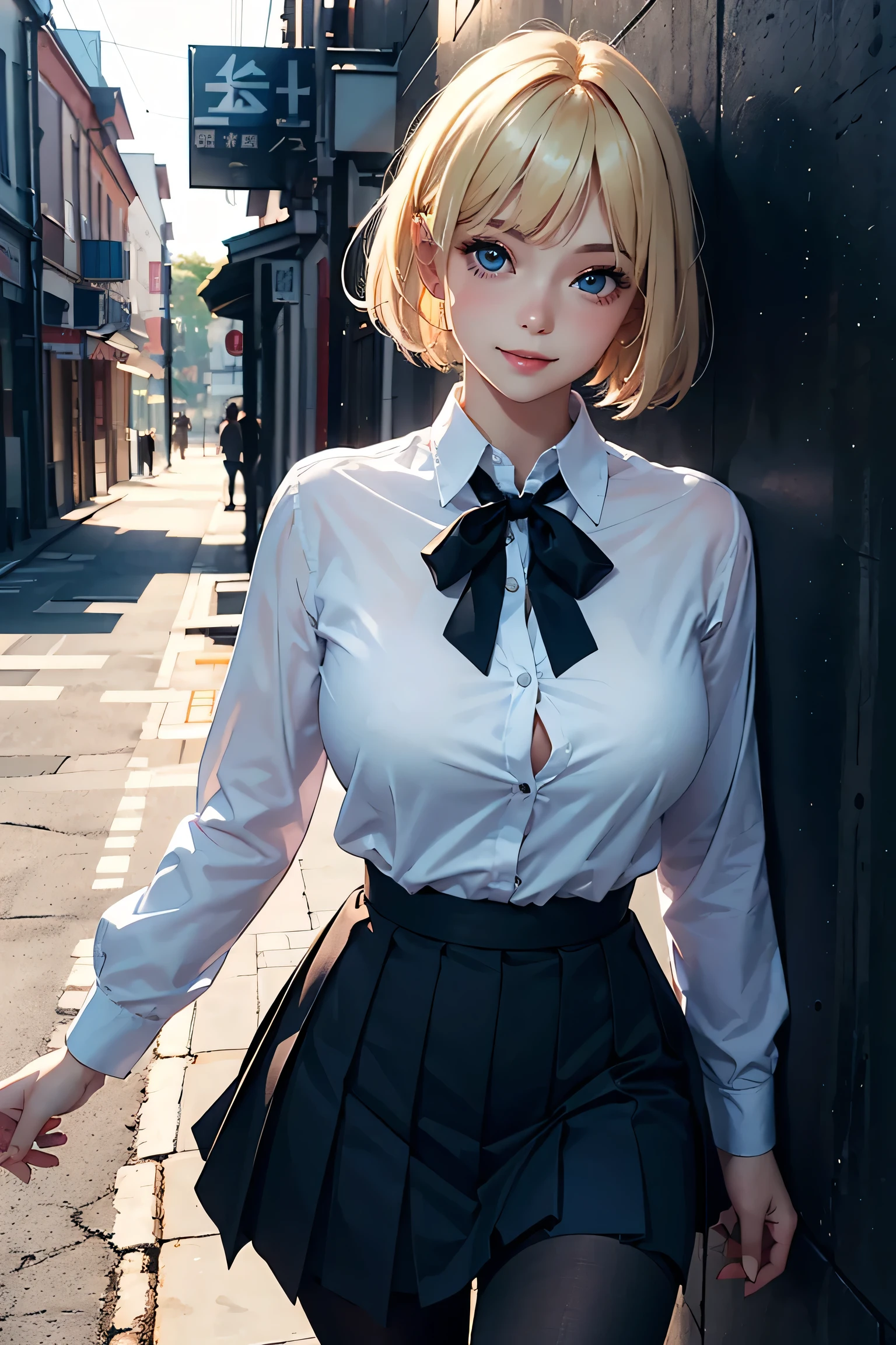 (masterpiece:1.2, Highest quality), (Realistic photos), Beautiful illustrations, (Natural side lighting, Cinema lighting),High detail、detailed、1 girl, Japanese、20-year-old female, Perfect Face, Symmetrical cute face, Glowing Skin, (Blonde Short Hair), Dark blue eyes, (Huge breasts:1.1), Slender build, Flowing bangs、Beautiful Hair, Beautiful Face, Fine and beautiful eyes, Beautiful body, Beautiful breasts, (White collared shirt、Small black ribbon、Navy blue pleated skirt、Black tights),smile、Blushing、Stand against a wall、Concrete wall
