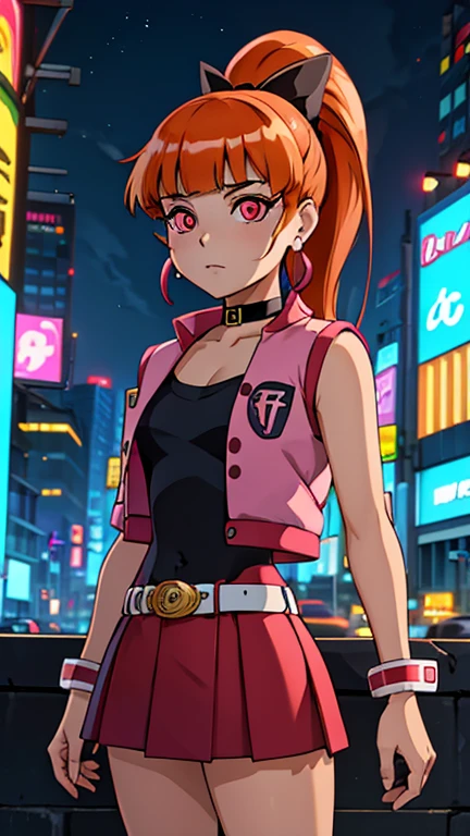 (s:1girl: ppgzbs), (extremely detailed CG unit 8k wallpaper),(master part), (best quality), (ultra detail), (best illustration),(city-scene-aso), cowboy shot, (Sharp eyeliner, ombre, detailed eyes:1), night, cyberpunk city, outdoor, ,break , (DcauGirls), upper body, red eyes, long orange hair, ponytail, hair bow, blunt bangs, earrings, black choker, pink vest, red skirt, belt