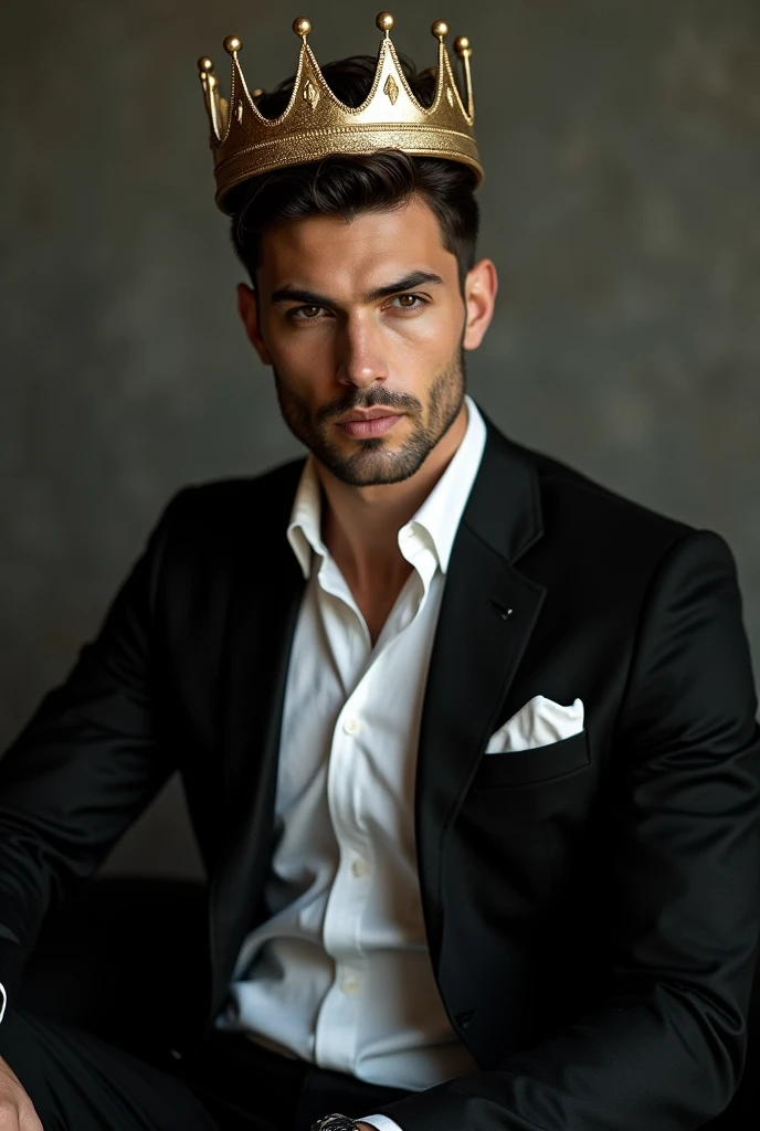 Man of 2 sitting in a crown with black suit and white shirt. He is good looking and hansome