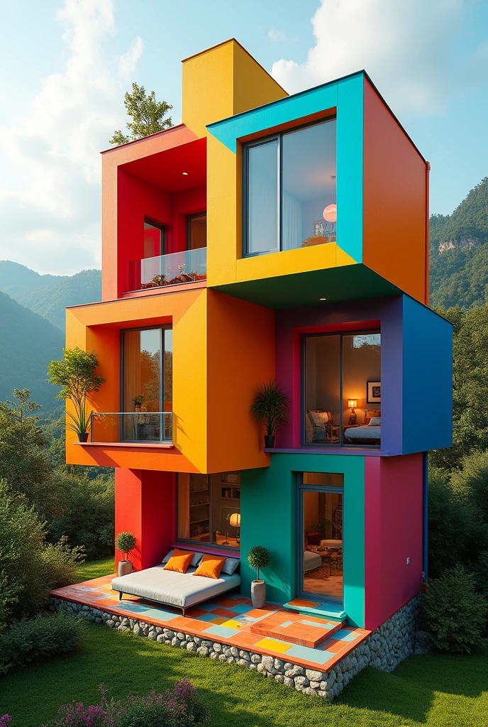 Multi colour cube design house and rooms