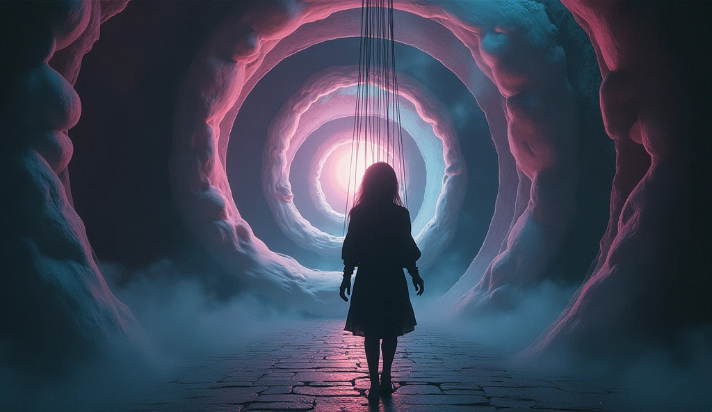 A hypnotic spiral slowly spinning in the background, while a figure in the foreground seems to be controlled by invisible strings like a puppet.
 Make it spooky. Make it vibrant and hyper realistic.
