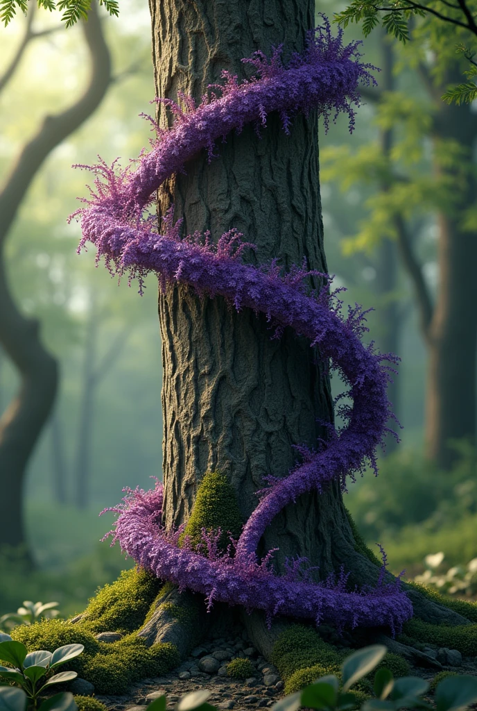 A thin purple liana twines around a tree, merging with it into one